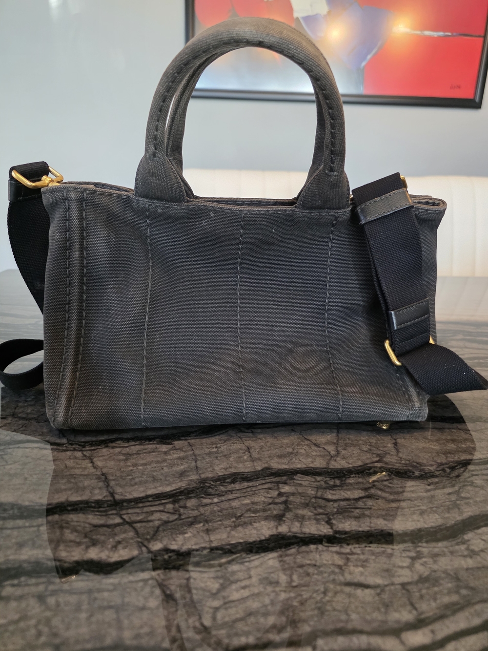 Authentic PRADA Canapa Black Canvas 2-Way Shopping Hand Shoulder Bag Purse - Picture 3 of 16